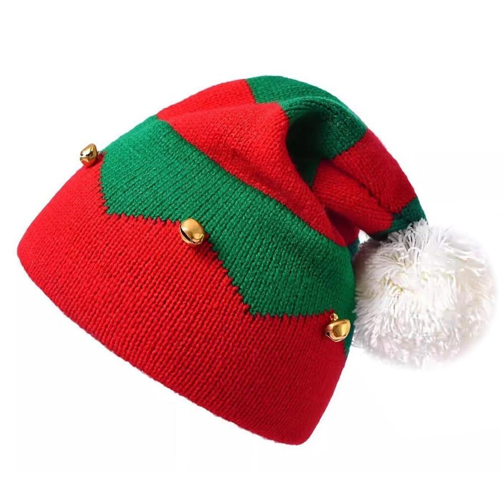 4164 Christmas Elf Hat Knitted Xmas Stripe Hat with Bell Thicken Velvet